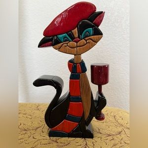 Canfield Parisian Cat Wooden Figurine made in Peru 9.5” tall